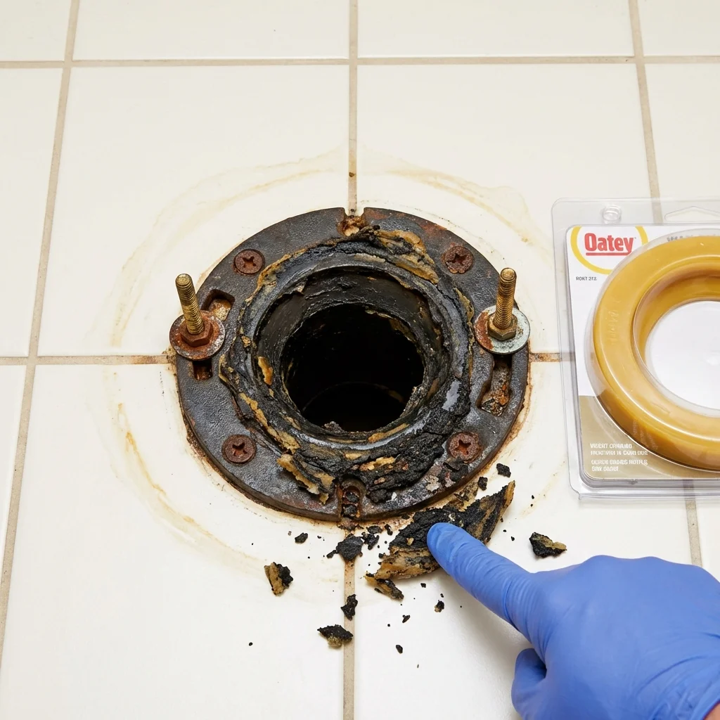 Failed wax ring showing water seepage at the base of a toilet in a Denison, TX home